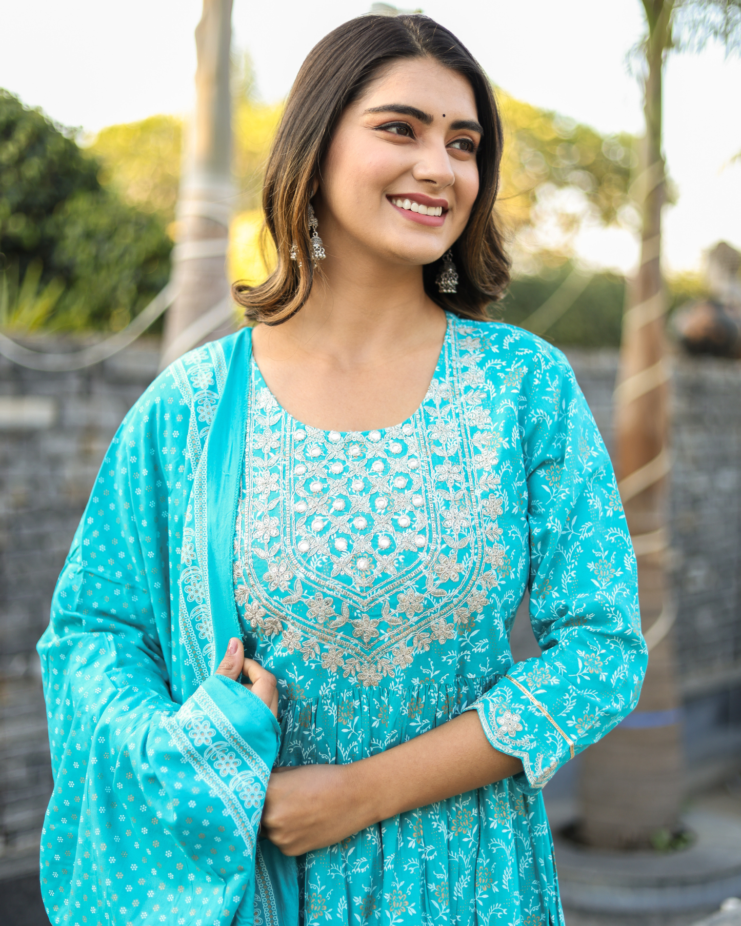 Turquoise Rayon Printed Sharara Set with Embroidered Yoke & Dupatta