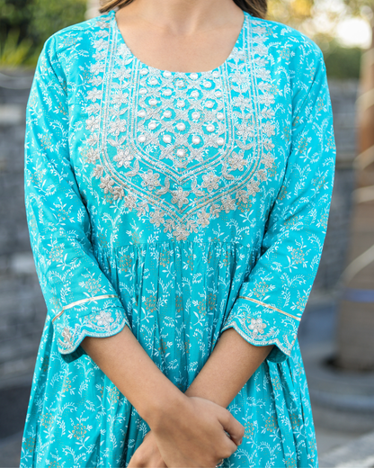 Turquoise Rayon Printed Sharara Set with Embroidered Yoke & Dupatta