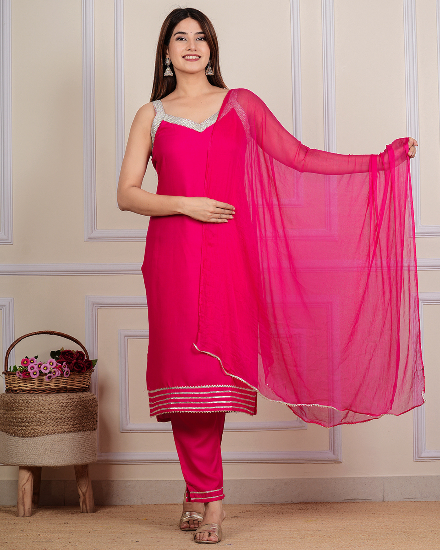 Rani Cross Gala Stylish Sleeveless Kurti Set with Lace, Pant & Dupatta