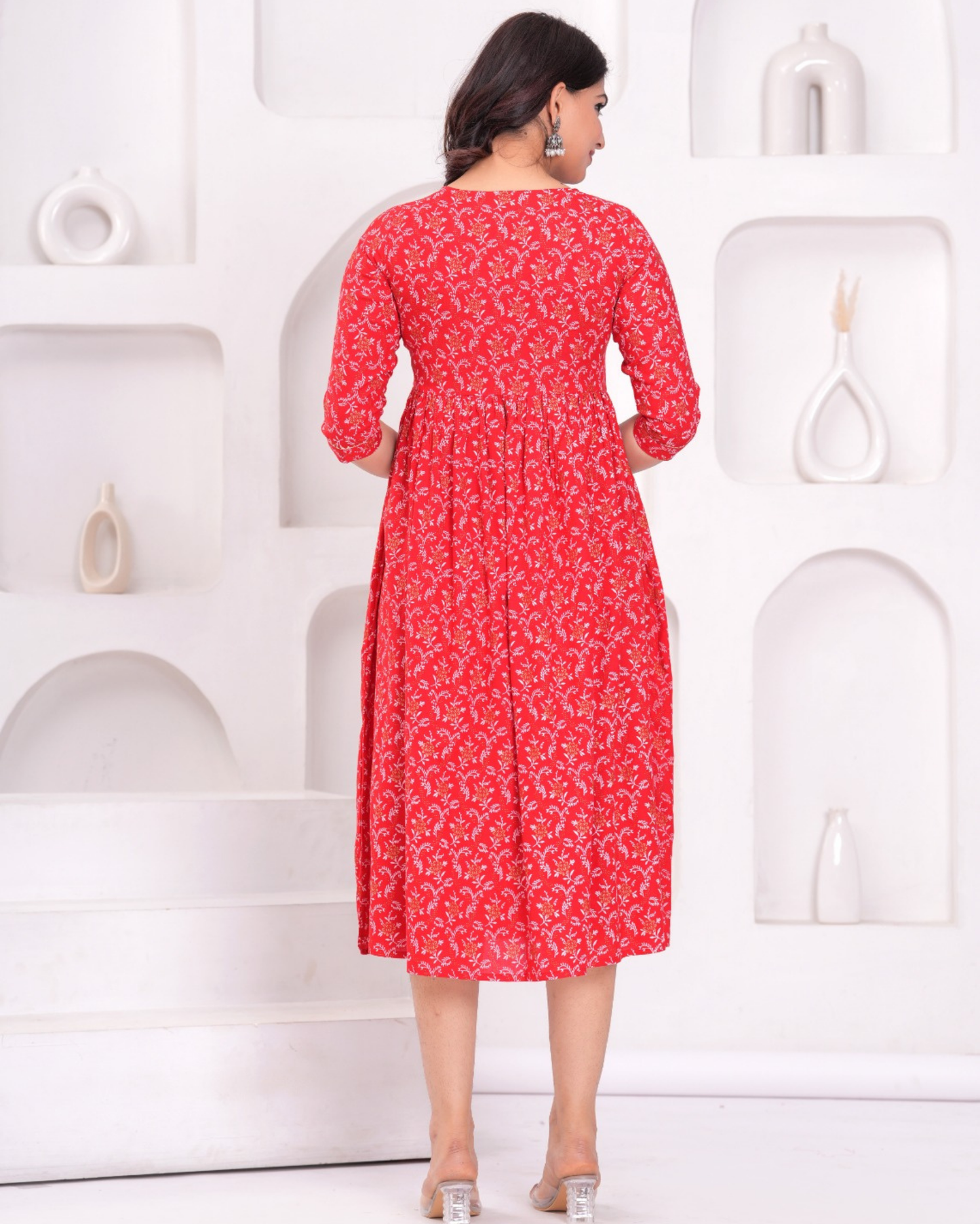 Stylish Red Bell Maternity Gown Designed for Moms with Feeding Zips