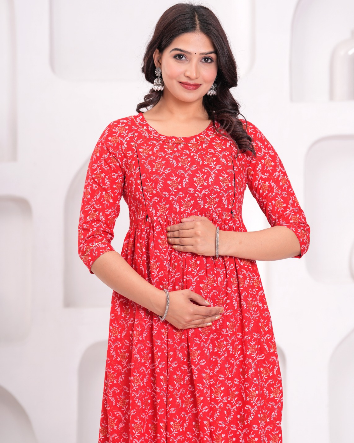 Stylish Red Bell Maternity Gown Designed for Moms with Feeding Zips