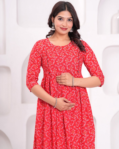 Stylish Red Bell Maternity Gown Designed for Moms with Feeding Zips