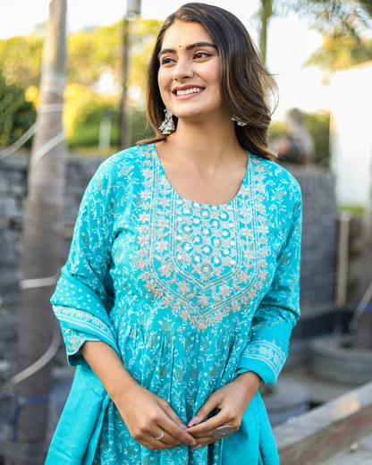 Turquoise Rayon Printed Sharara Set with Embroidered Yoke & Dupatta