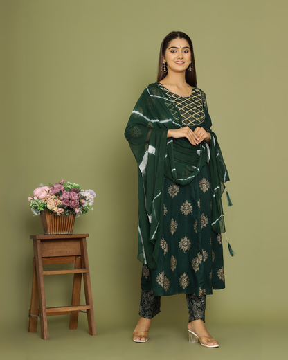 Green Butta Jaal Rayon Printed Anarkali Kurti Set with Dupatta