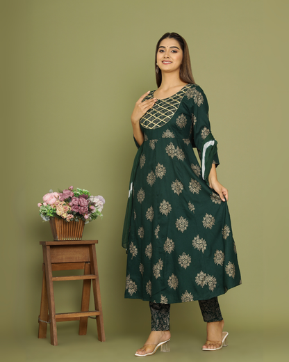 Green Butta Jaal Rayon Printed Anarkali Kurti Set with Dupatta