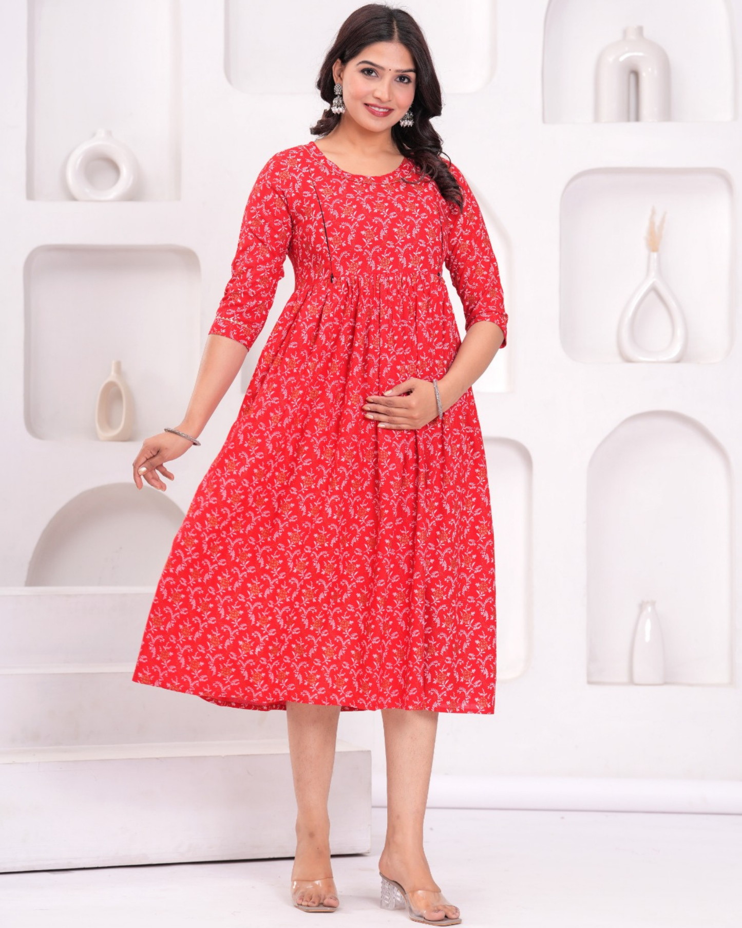 Stylish Red Bell Maternity Gown Designed for Moms with Feeding Zips