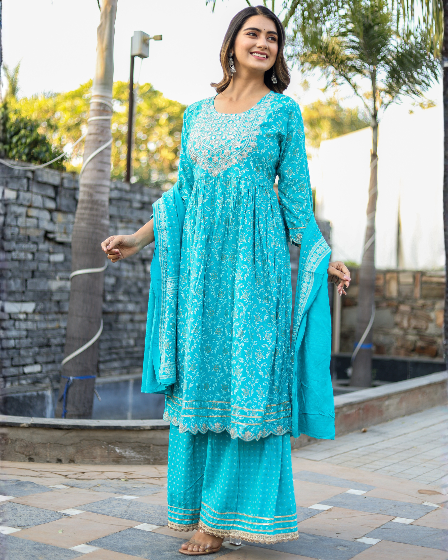 Turquoise Rayon Printed Sharara Set with Embroidered Yoke & Dupatta