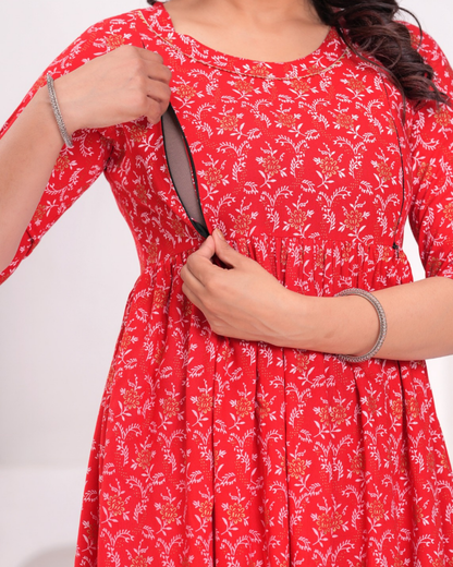 Stylish Red Bell Maternity Gown Designed for Moms with Feeding Zips
