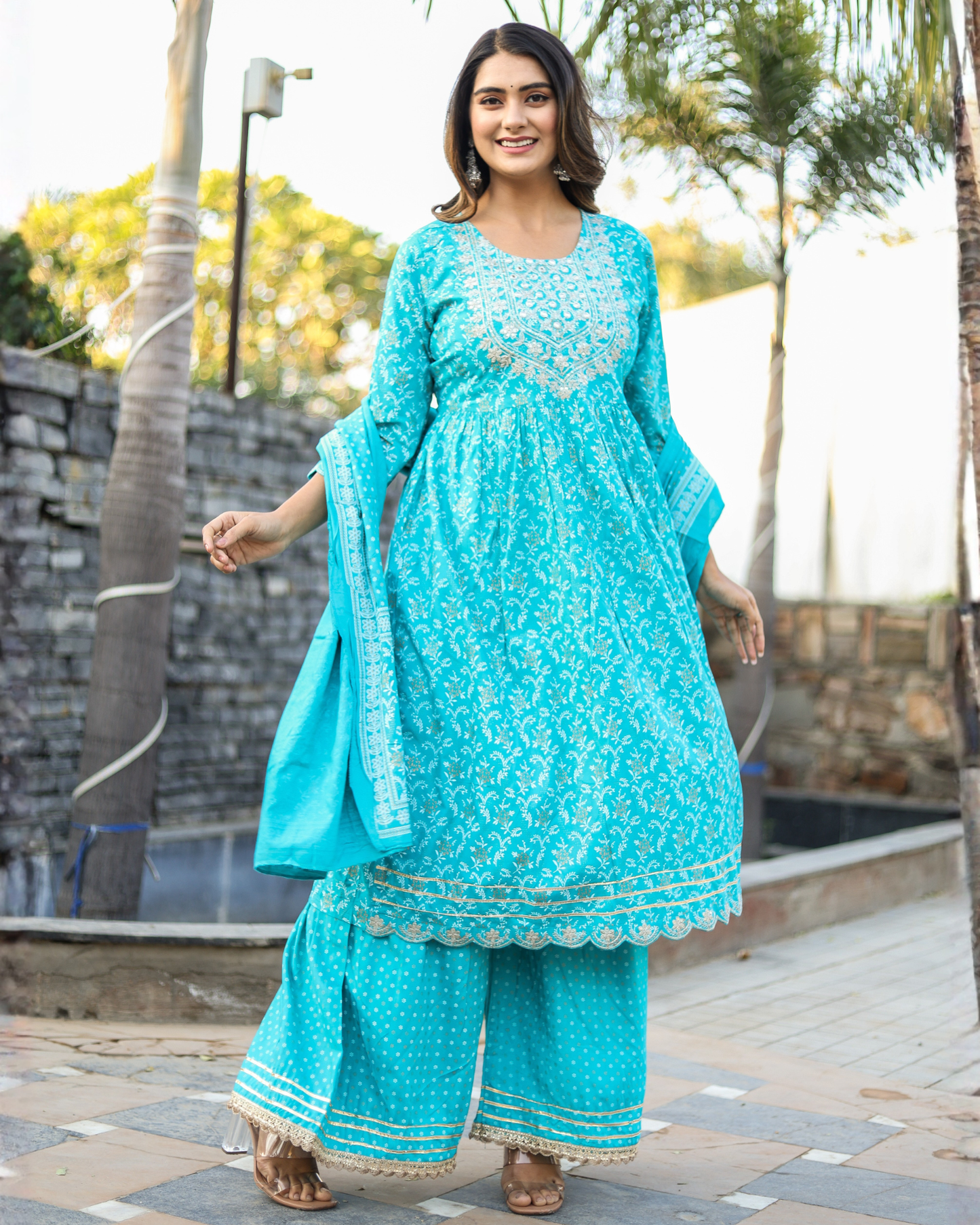 Turquoise Rayon Printed Sharara Set with Embroidered Yoke & Dupatta