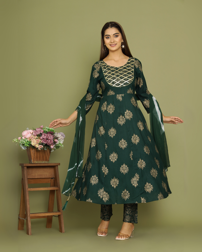Green Butta Jaal Rayon Printed Anarkali Kurti Set with Dupatta
