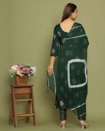 Green Butta Jaal Rayon Printed Anarkali Kurti Set with Dupatta