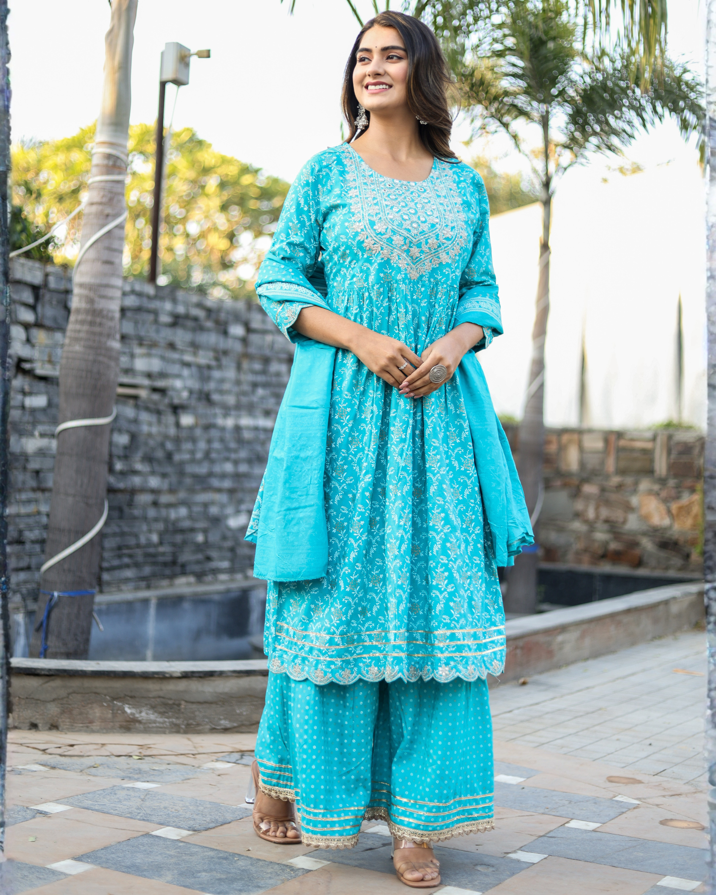 Turquoise Rayon Printed Sharara Set with Embroidered Yoke & Dupatta