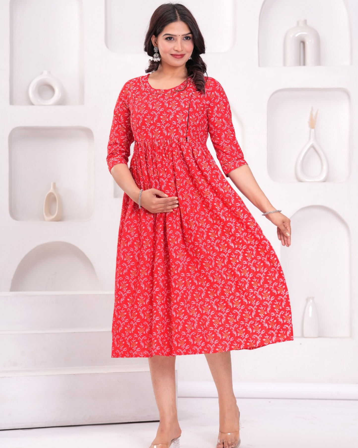 Stylish Red Bell Maternity Gown Designed for Moms with Feeding Zips