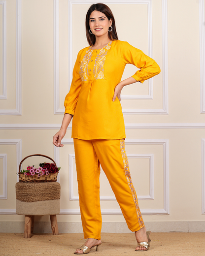Mustard Solid Rayon Embroidered Co-Ord Set