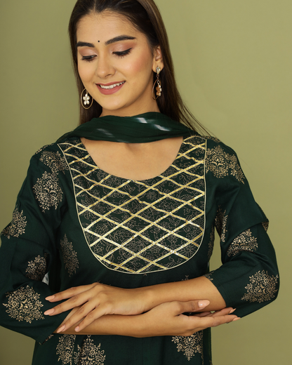 Green Butta Jaal Rayon Printed Anarkali Kurti Set with Dupatta
