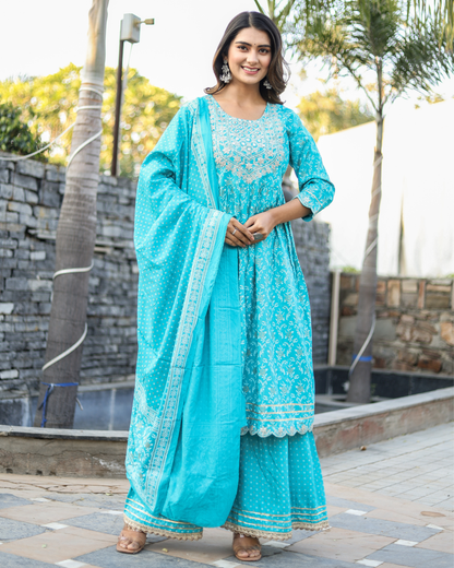 Turquoise Rayon Printed Sharara Set with Embroidered Yoke & Dupatta