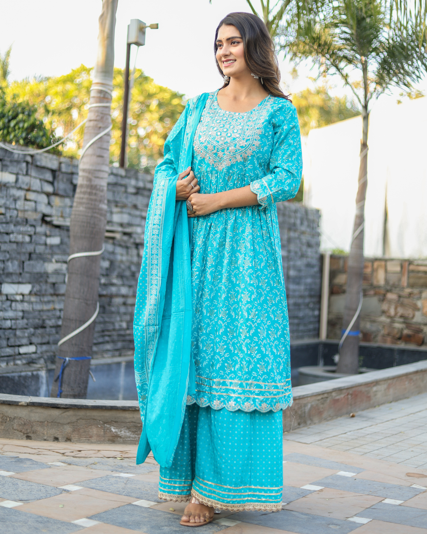 Turquoise Rayon Printed Sharara Set with Embroidered Yoke & Dupatta