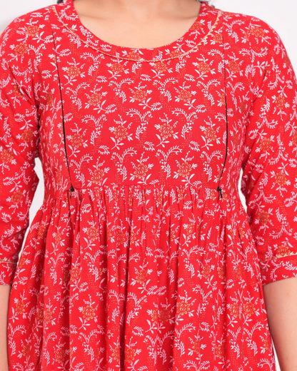 Stylish Red Bell Maternity Gown Designed for Moms with Feeding Zips