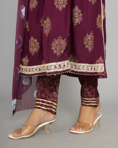 Purple Butta Jaal Kurti Set with Dupatta - Rayon & Chiffon