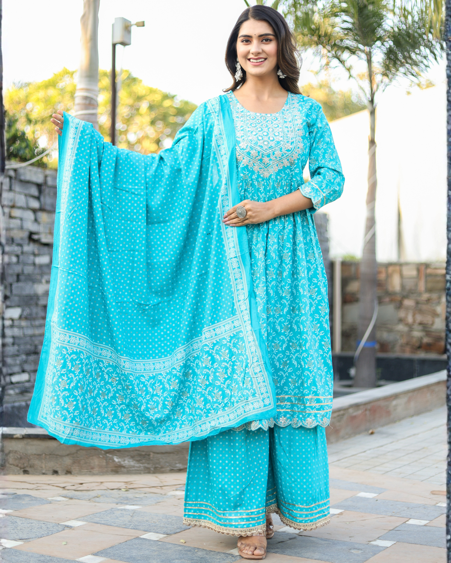 Turquoise Rayon Printed Sharara Set with Embroidered Yoke & Dupatta