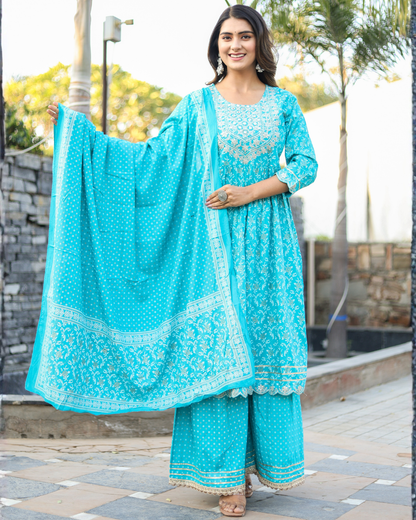 Turquoise Rayon Printed Sharara Set with Embroidered Yoke & Dupatta