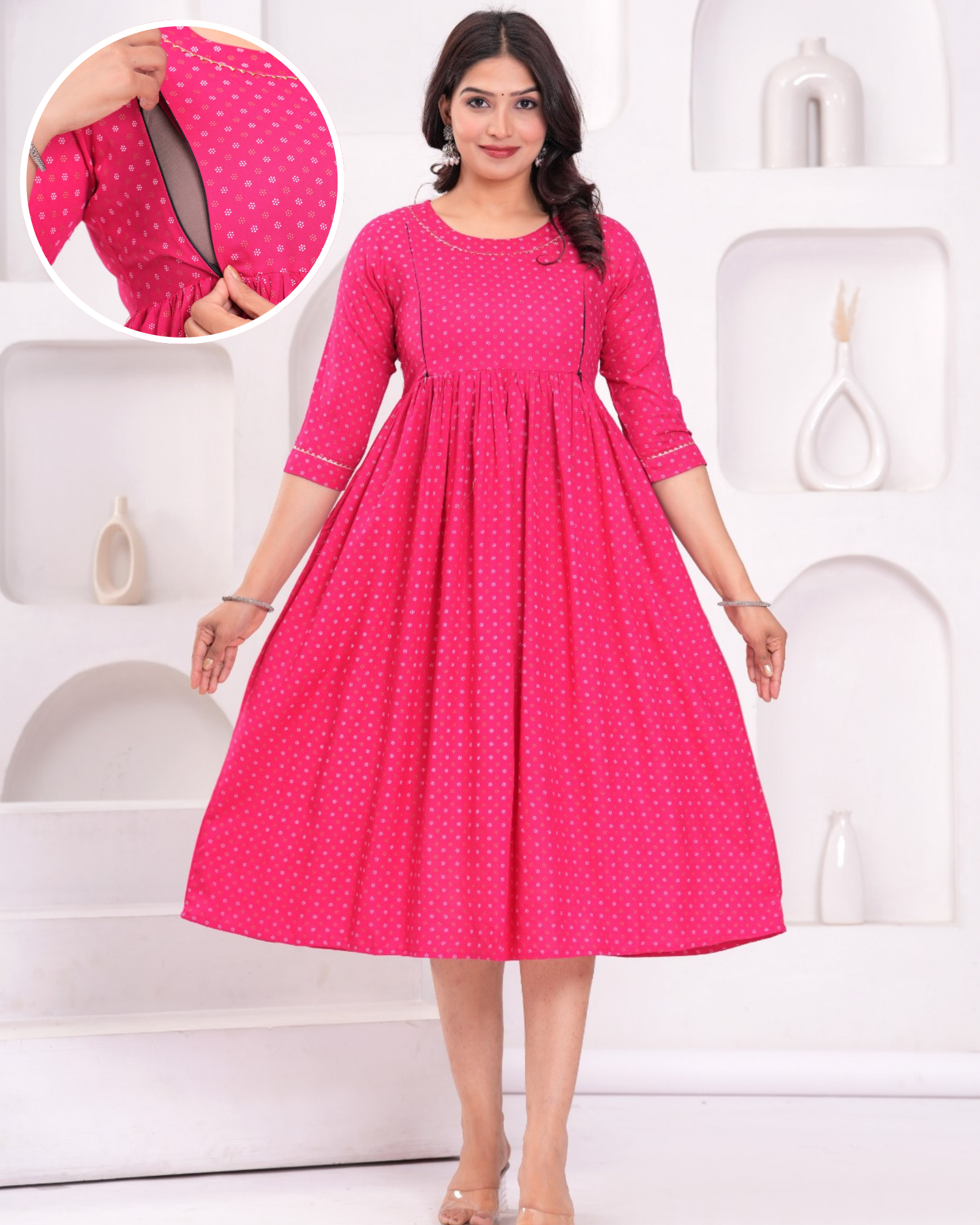 Trendy Rani Butti Maternity Gown with Feeding Zips