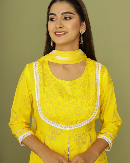 Yellow Butta Jaal Rayon Printed Anarkali Kurti Set with Dupatta