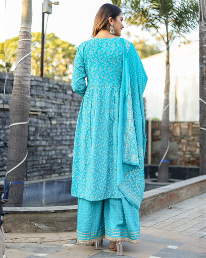Turquoise Rayon Printed Sharara Set with Embroidered Yoke & Dupatta