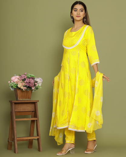 Yellow Butta Jaal Rayon Printed Anarkali Kurti Set with Dupatta