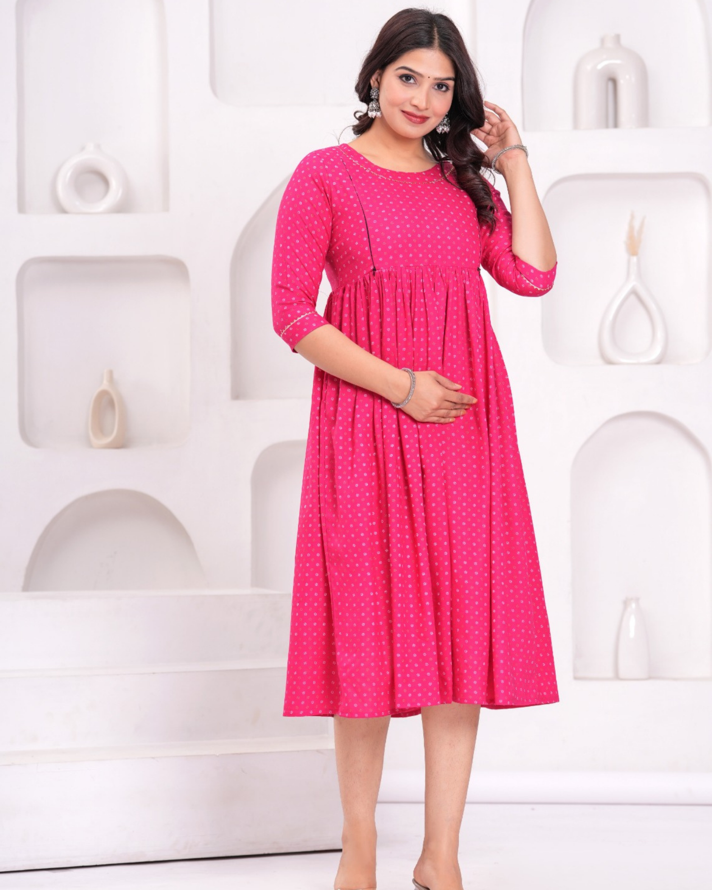 Trendy Rani Butti Maternity Gown with Feeding Zips