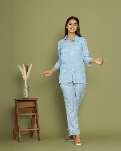 Sky Blue Night Dress Rayon Printed Comfortable Nightwear