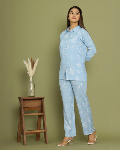 Sky Blue Night Dress Rayon Printed Comfortable Nightwear
