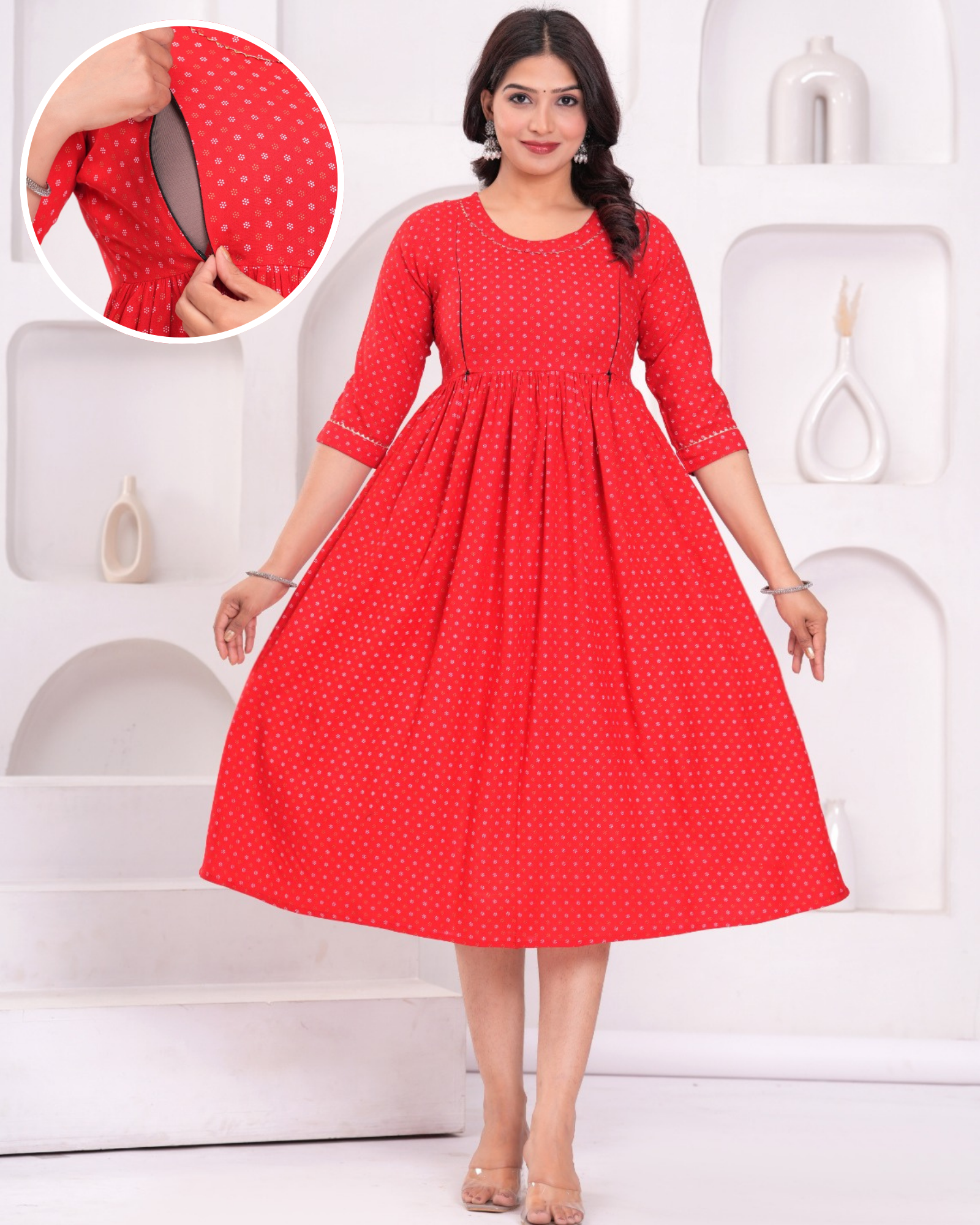 Red Butti Maternity Gown with Hidden Feeding Zips