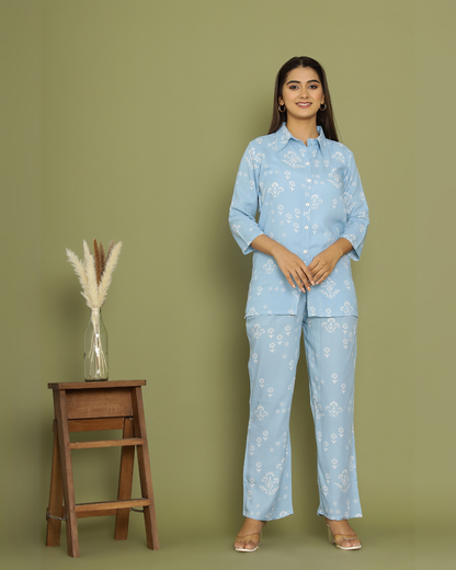Sky Blue Night Dress Rayon Printed Comfortable Nightwear