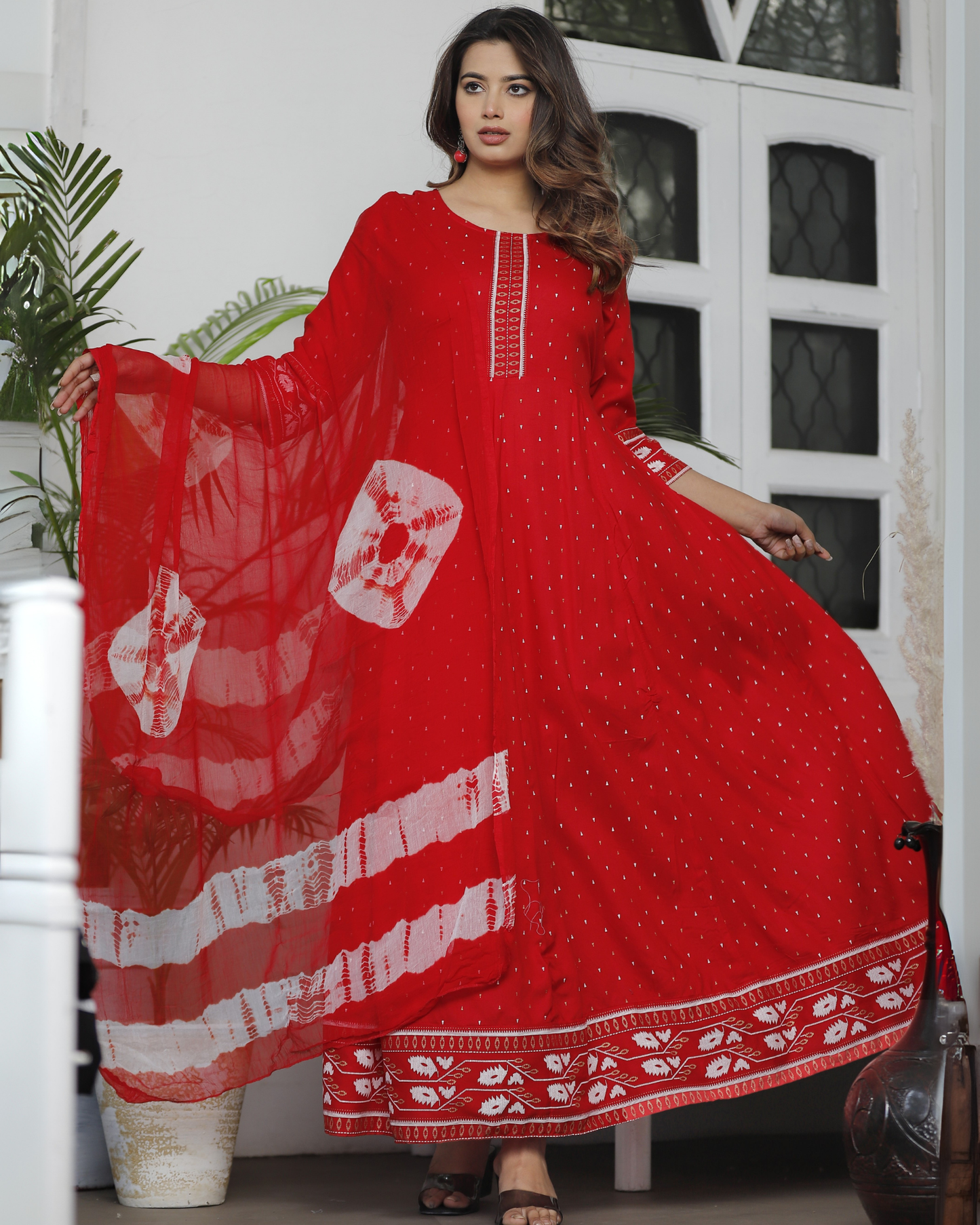 Red Deepak Rayon Kurti Set with Chiffon Dupatta