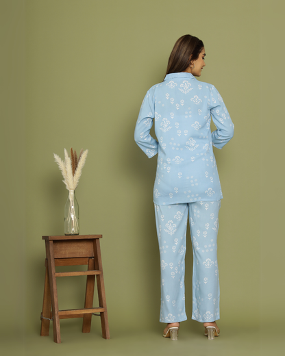 Sky Blue Night Dress Rayon Printed Comfortable Nightwear