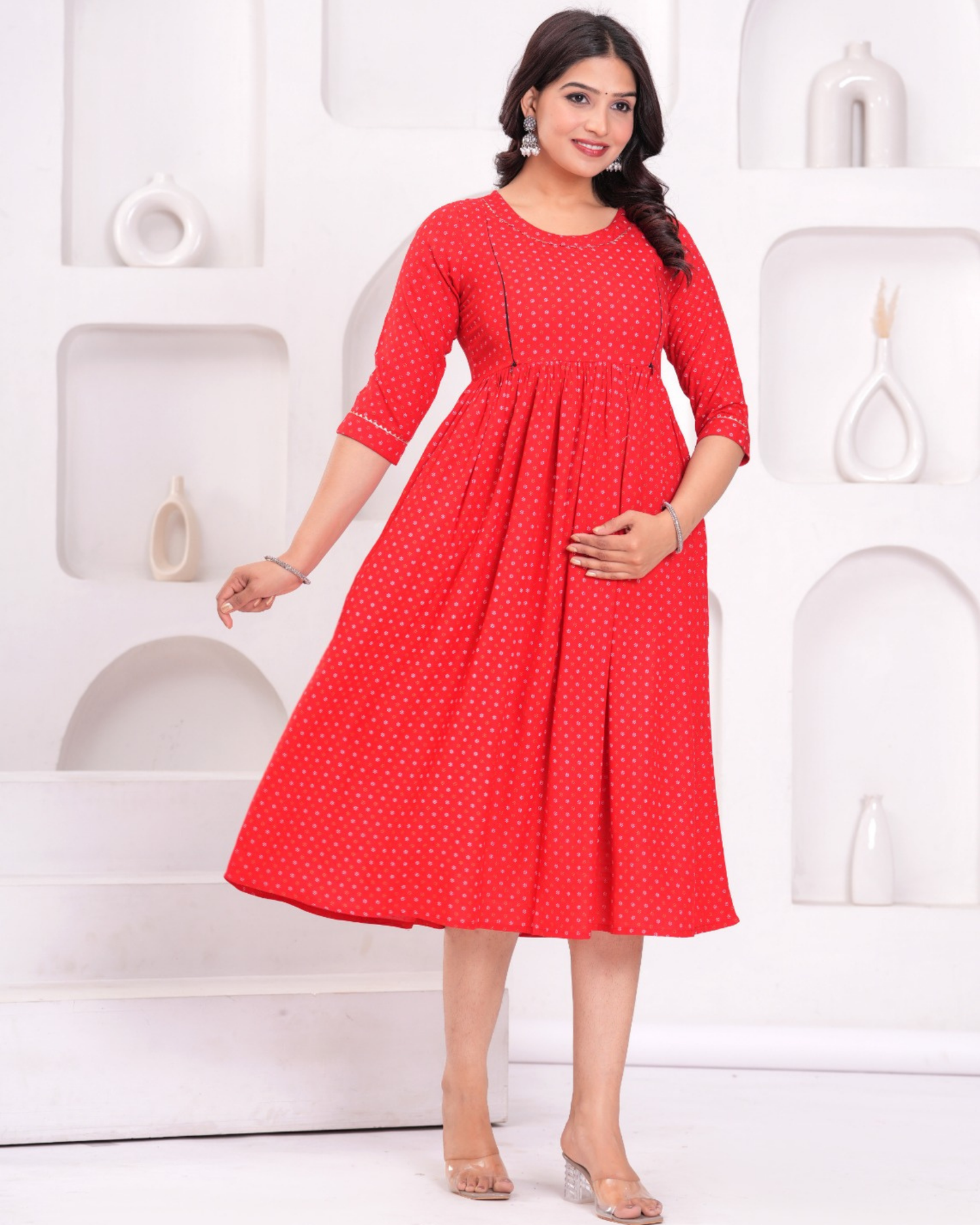 Red Butti Maternity Gown with Hidden Feeding Zips