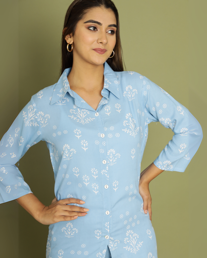 Sky Blue Night Dress Rayon Printed Comfortable Nightwear