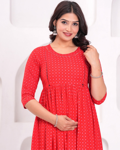 Red Butti Maternity Gown with Hidden Feeding Zips