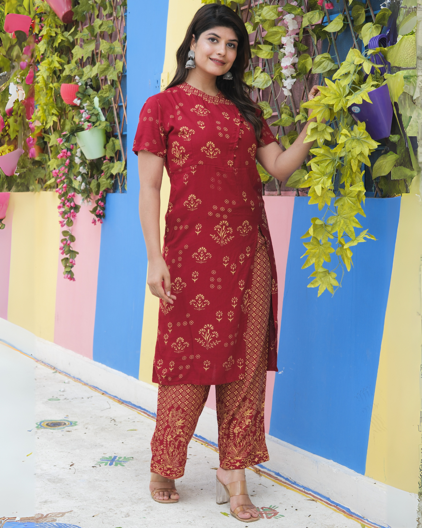 Maroon Rayon Printed Side Cut Kurti with Plazo Ethnic and Chic
