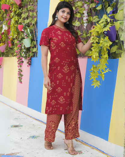 Maroon Rayon Printed Side Cut Kurti with Plazo Ethnic and Chic