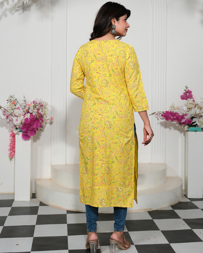 Yellow Rayon Printed Straight Kurti Stylish and Trendy Wear