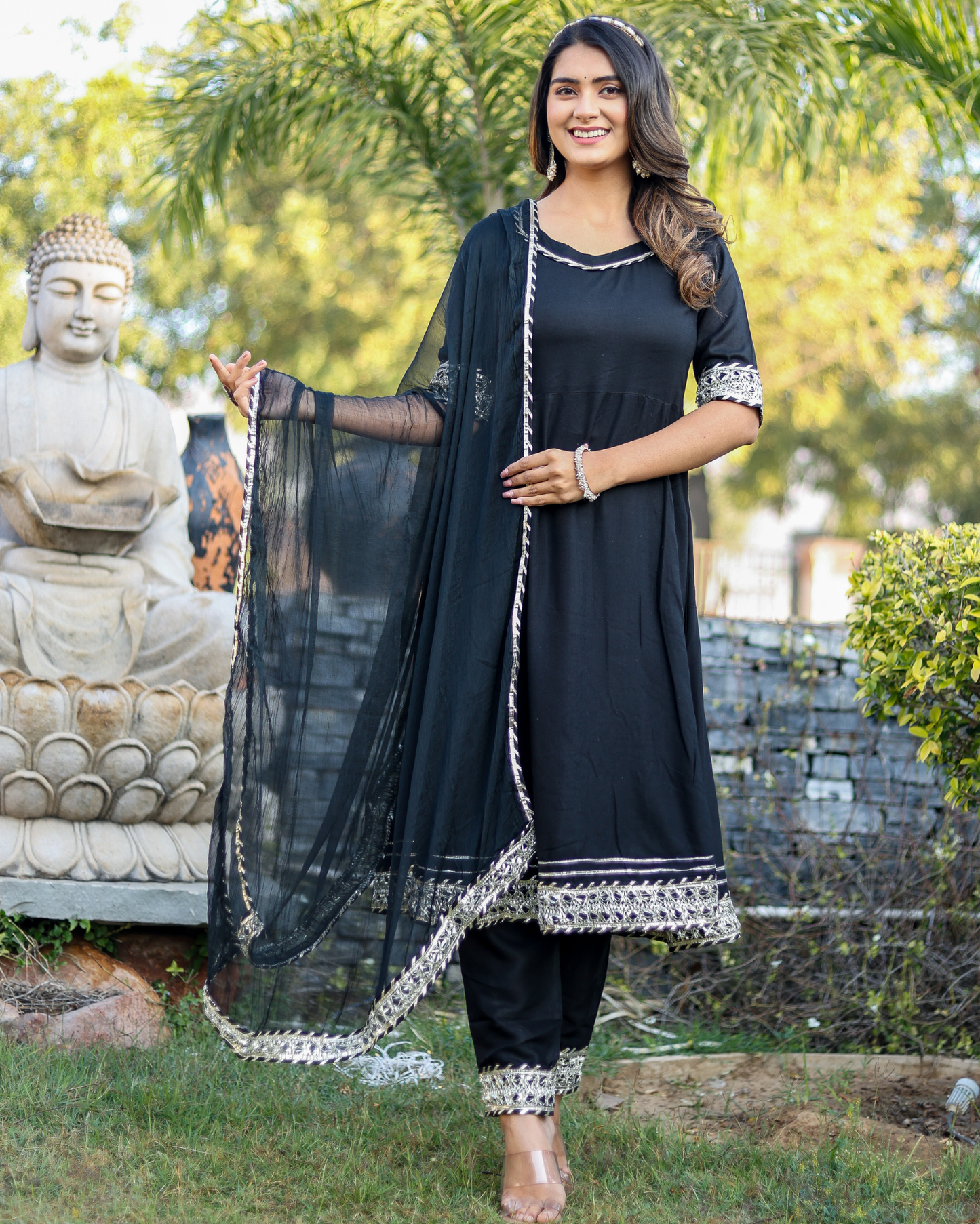 Black Makdi Rayon Anarkali Kurti Set with Lace Work, Pant & Dupatta