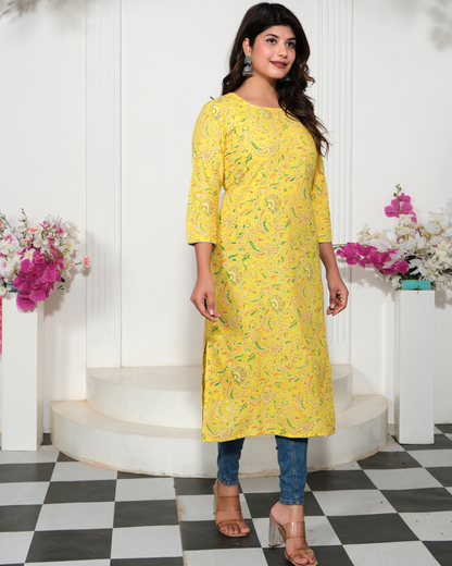 Yellow Rayon Printed Straight Kurti Stylish and Trendy Wear