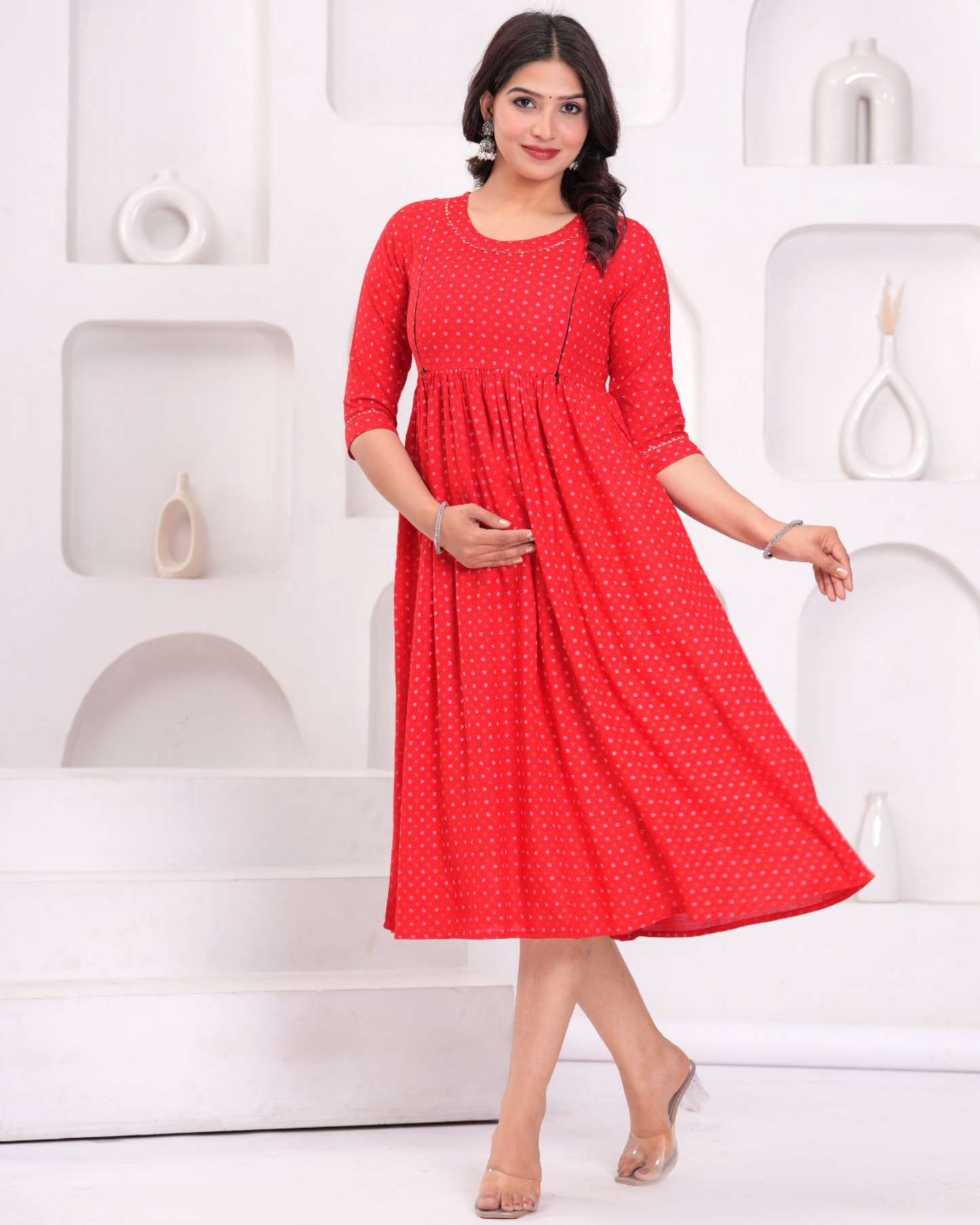 Red Butti Maternity Gown with Hidden Feeding Zips
