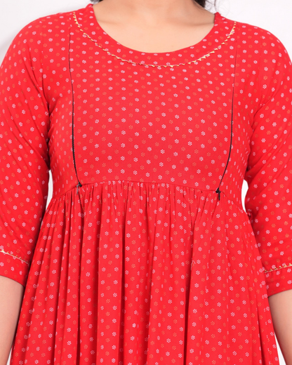 Red Butti Maternity Gown with Hidden Feeding Zips