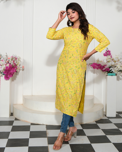Yellow Rayon Printed Straight Kurti Stylish and Trendy Wear