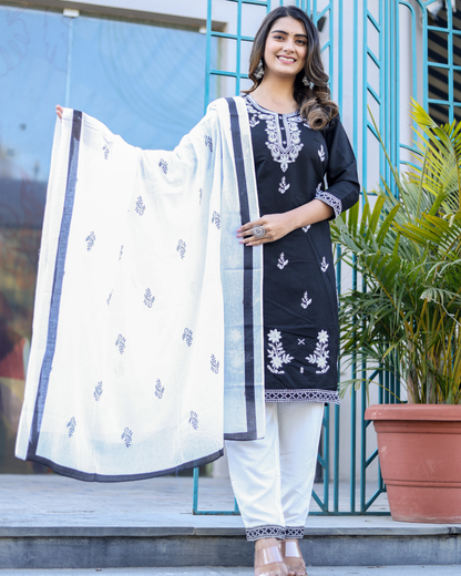 Black Kery Rayon Embroidered Kurti Set with Pant & Dupatta