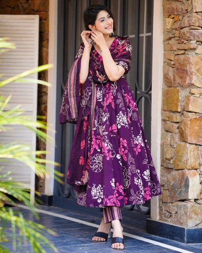 Purple Floral Cotton Kurta with Striped Pants Perfect for Outings
