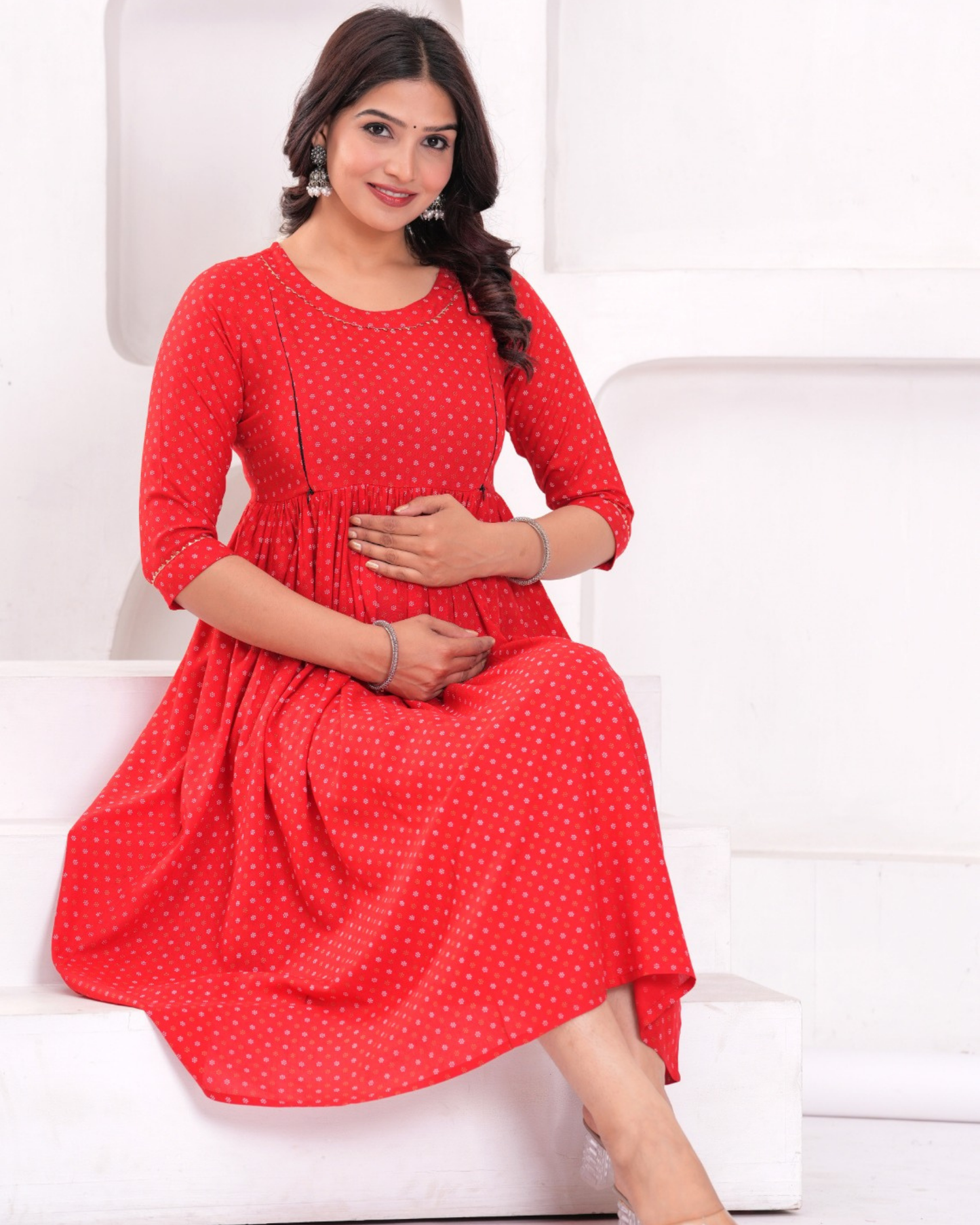 Red Butti Maternity Gown with Hidden Feeding Zips